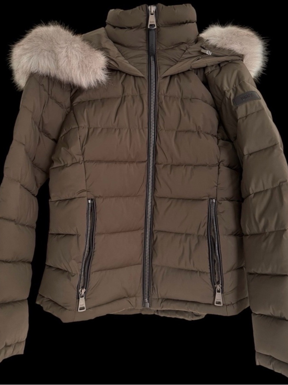 Women’s Olive Puffer Jacket with Faux Fur Hood